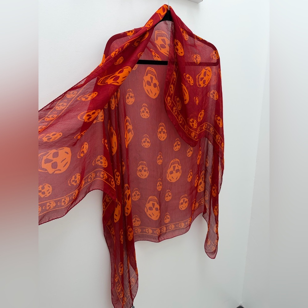 Authentic Alexander McQueen Red & Orange Skull Silk Chiffon Scarf Iconic Design - Picture 7 of 9